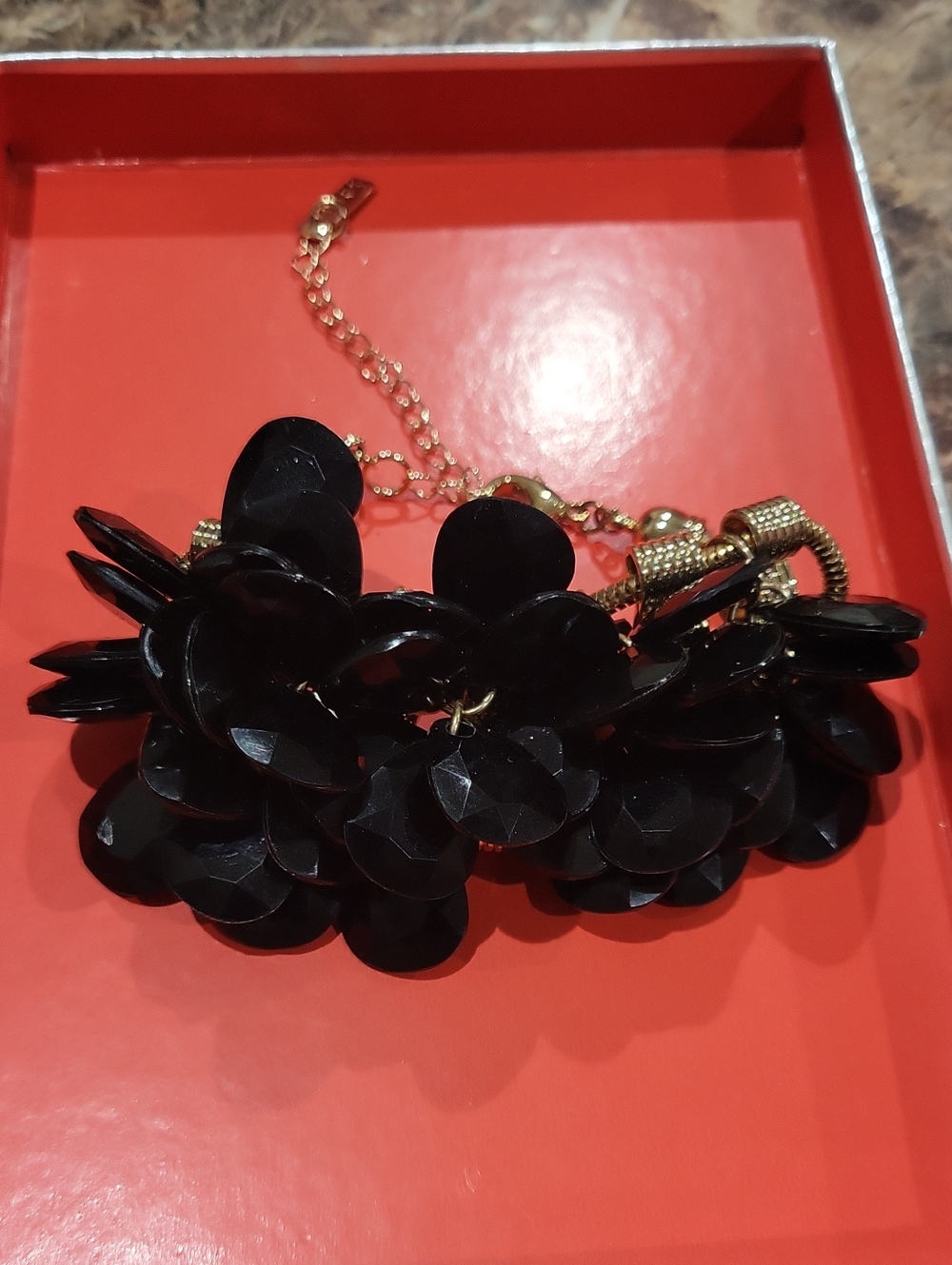 Black Flower Cluster Statement Bracelet with Gold Chain